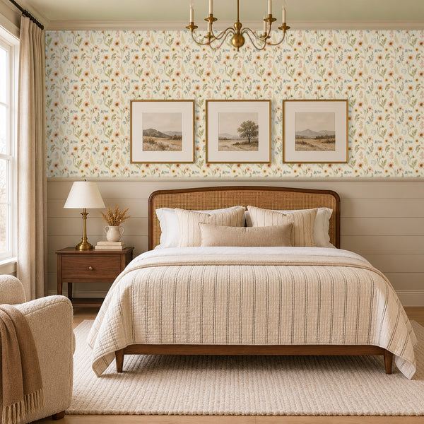 Nell Cream peel and stick wallpaper in a bedroom with shiplap paneling and framed landscape prints