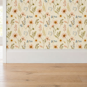 Nell Cream peel and stick wallpaper above a white baseboard and oak floor