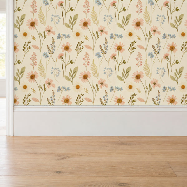 Nell Cream peel and stick wallpaper above a white baseboard and oak floor