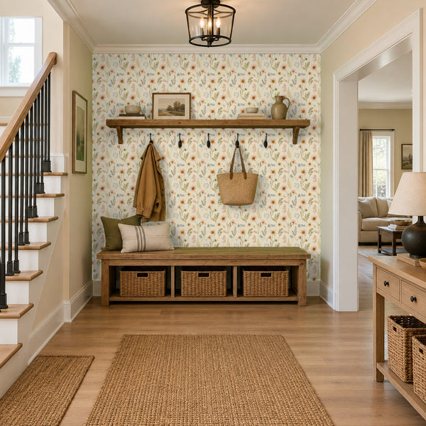 Nell Cream peel and stick wallpaper in an entry with a hook rail and a storage bench