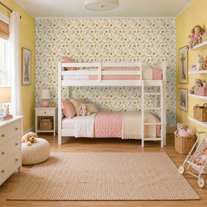 Nell Cream peel and stick wallpaper in a girl's bedroom with a white bunk bed and a pink quilt