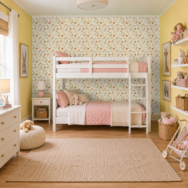 Nell Cream peel and stick wallpaper in a girl's bedroom with a white bunk bed and a pink quilt