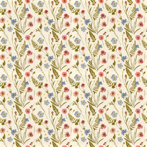 Cecily wallpaper in Meadow, coral and blue wildflowers with olive ferns on cream