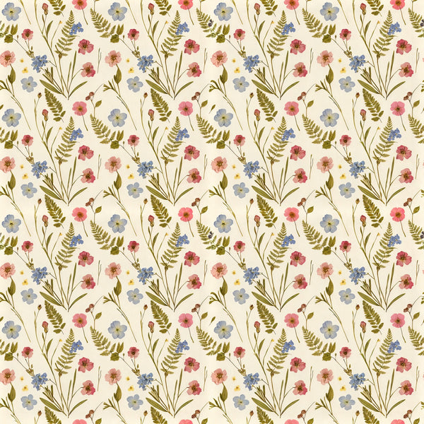Cecily wallpaper in Meadow, coral and blue wildflowers with olive ferns on cream