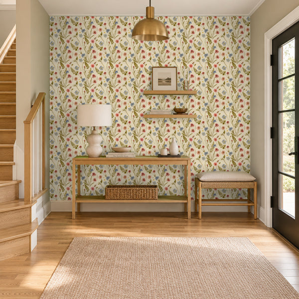 Cecily Meadow peel and stick wallpaper in an entry with a console table beside the stairs