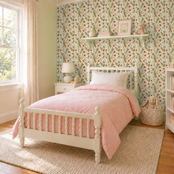 Cecily Meadow peel and stick wallpaper in a girl's bedroom with a white spindle bed and a pink quilt