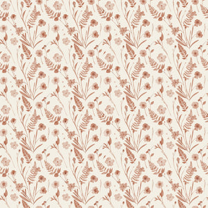 Cecily wallpaper in Terracotta, terracotta ferns and wildflowers on cream