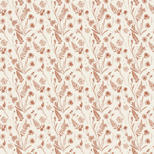 Cecily wallpaper in Terracotta, terracotta ferns and wildflowers on cream