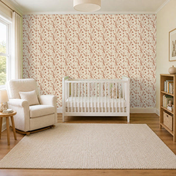 Cecily Terracotta peel and stick wallpaper in a nursery with a white crib and an armchair