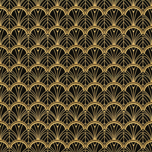 Tabitha wallpaper in Gold, gold Art Deco fans on black