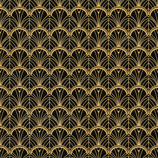 Tabitha wallpaper in Gold, gold Art Deco fans on black