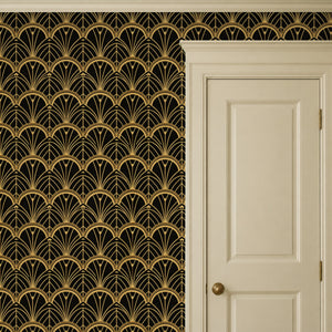 Tabitha Gold peel and stick wallpaper beside a cream panel door