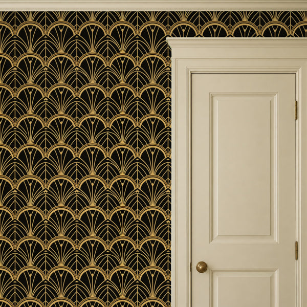 Tabitha Gold peel and stick wallpaper beside a cream panel door