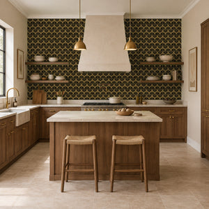 Tabitha Gold peel and stick wallpaper in a kitchen with a wood island and brass pendants
