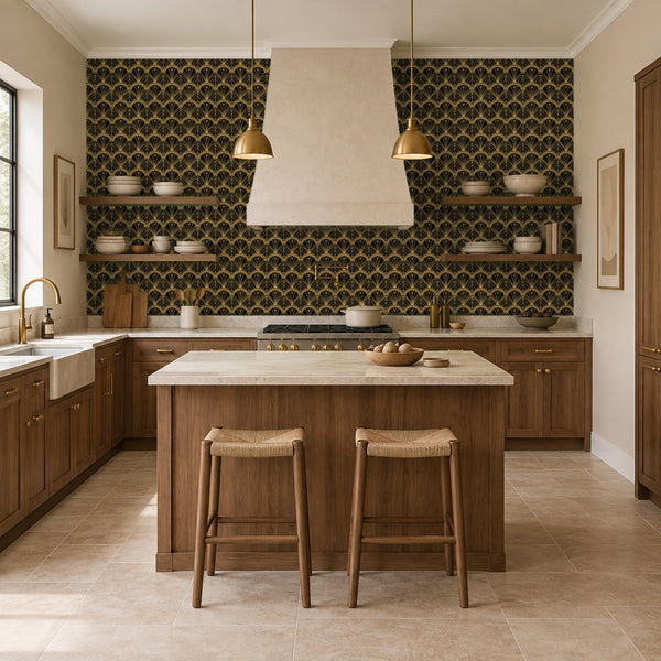 Tabitha Gold peel and stick wallpaper in a kitchen with a wood island and brass pendants