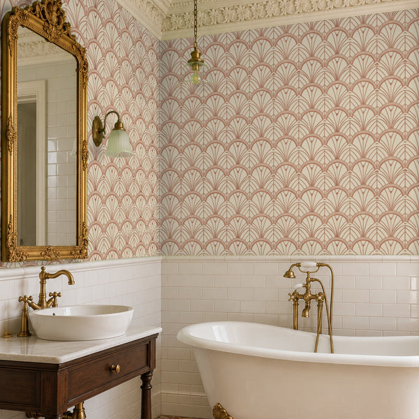 Tabitha Copper peel and stick wallpaper in a bathroom with a gilded mirror and a vessel sink
