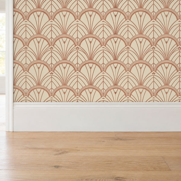 Tabitha Copper peel and stick wallpaper above a white baseboard and oak floor