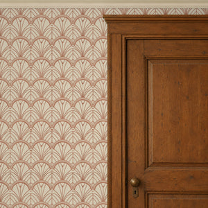 Tabitha Copper peel and stick wallpaper beside a dark wood panel door