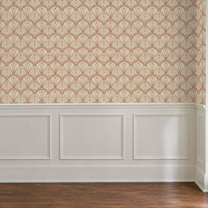 Tabitha Copper peel and stick wallpaper above white panel wainscoting