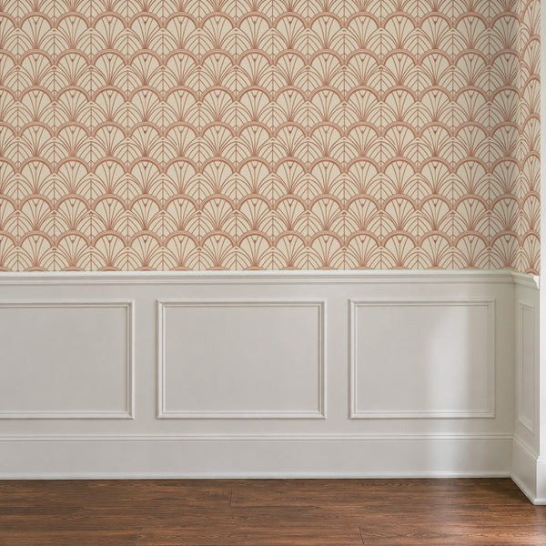 Tabitha Copper peel and stick wallpaper above white panel wainscoting