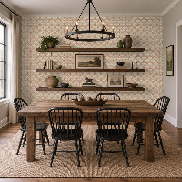 Tabitha Copper peel and stick wallpaper in a dining room with a farmhouse table and an iron chandelier