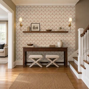 Tabitha Copper peel and stick wallpaper in an entry with a wood console and a staircase