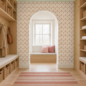 Tabitha Copper peel and stick wallpaper in a mudroom with an arched window seat