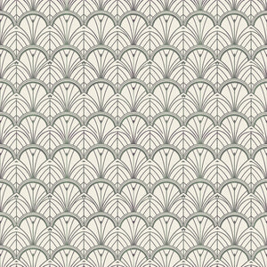 Tabitha wallpaper in Slate, slate Art Deco fans on pale sage