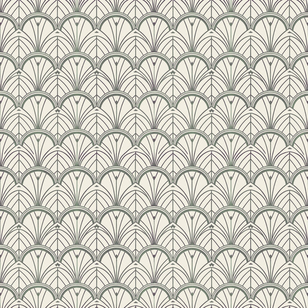 Tabitha wallpaper in Slate, slate Art Deco fans on pale sage
