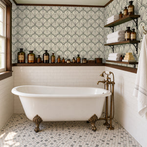 Tabitha Slate peel and stick wallpaper in a bathroom with a clawfoot tub and open shelves