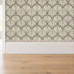 Tabitha Slate peel and stick wallpaper above a white baseboard and oak floor