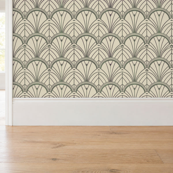 Tabitha Slate peel and stick wallpaper above a white baseboard and oak floor