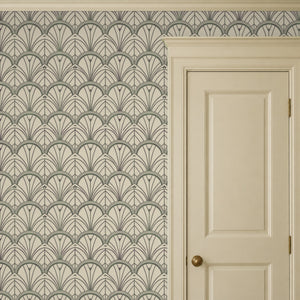 Tabitha Slate peel and stick wallpaper beside a cream panel door