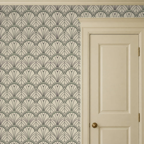 Tabitha Slate peel and stick wallpaper beside a cream panel door