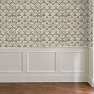 Tabitha Slate peel and stick wallpaper above white panel wainscoting