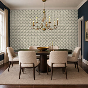 Tabitha Slate peel and stick wallpaper in a dining room with a round table and a brass chandelier