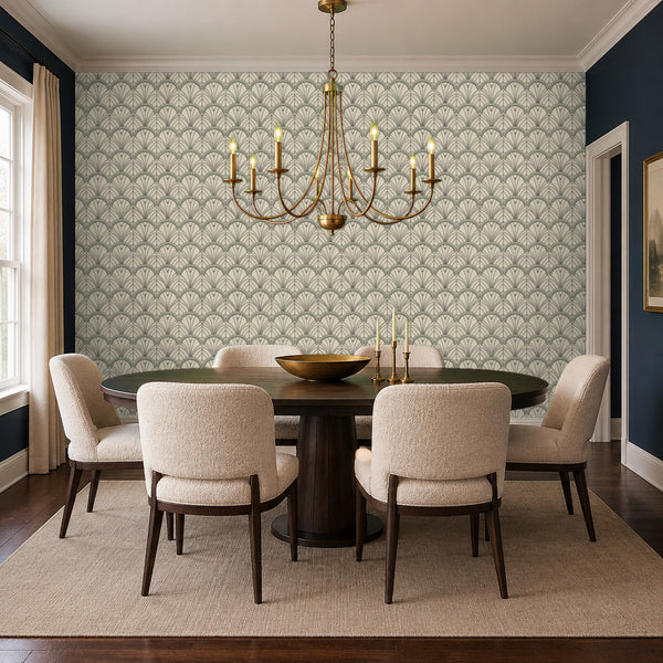 Tabitha Slate peel and stick wallpaper in a dining room with a round table and a brass chandelier