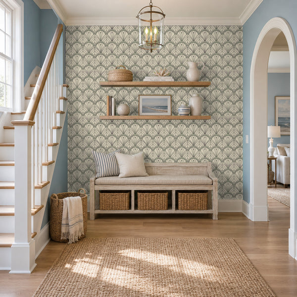 Tabitha Slate peel and stick wallpaper in an entry with a storage bench beside the stairs