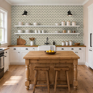 Tabitha Slate peel and stick wallpaper in a kitchen with open shelves and a wood island