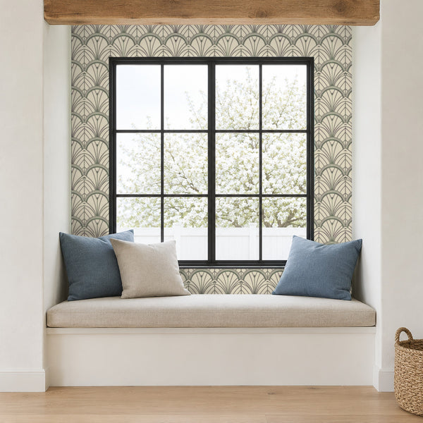 Tabitha Slate peel and stick wallpaper in a window seat nook with blue cushions