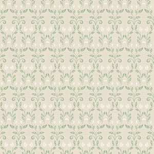 Quince wallpaper in Sage, sage green leaf damask on cream