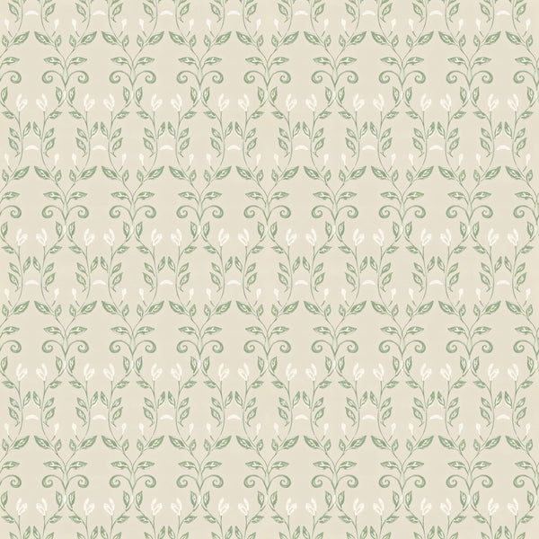 Quince wallpaper in Sage, sage green leaf damask on cream