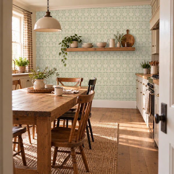Quince Sage peel and stick wallpaper in a kitchen with a farmhouse table and a pendant light