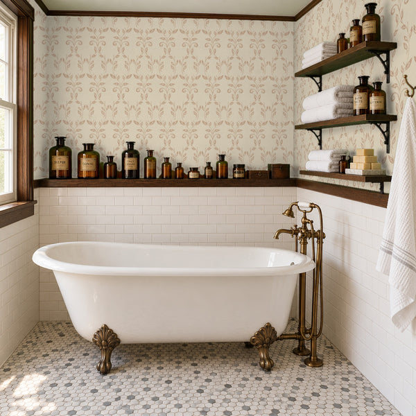 Quince Blush peel and stick wallpaper in a bathroom with a clawfoot tub and open shelves