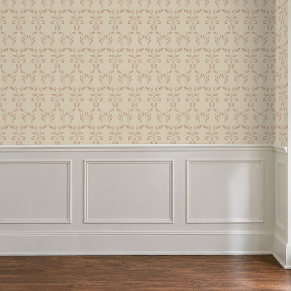 Quince Blush peel and stick wallpaper above white panel wainscoting