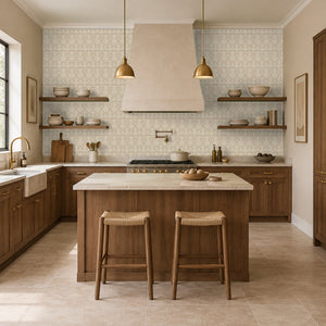 Quince Blush peel and stick wallpaper in a kitchen with a wood island and brass pendants