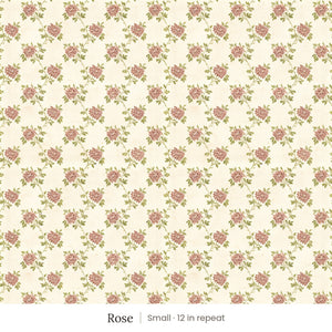 Tamsin wallpaper in Rose, small 12 in repeat, dusty rose flowers on trailing green vines on cream