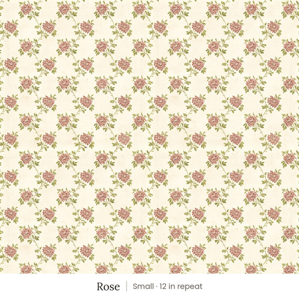 Tamsin wallpaper in Rose, small 12 in repeat, dusty rose flowers on trailing green vines on cream