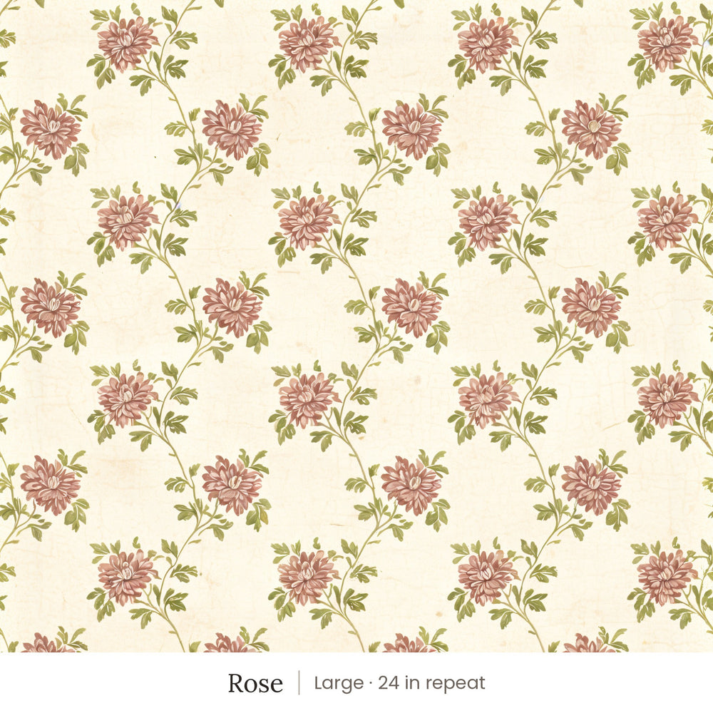 Tamsin Rose peel and stick wallpaper, large 24 in repeat, in a bathroom with a gilded mirror and a vessel sink