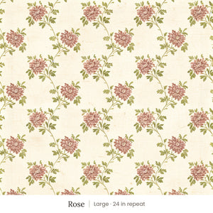 Tamsin wallpaper in Rose, large 24 in repeat, dusty rose flowers on trailing green vines on cream